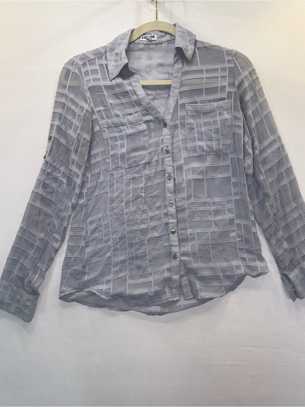 Express Light Gray Sheer Button-Up Top